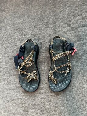Chaco Women's Black Sandals with Yellow-Braided Straps and Pink Tab
